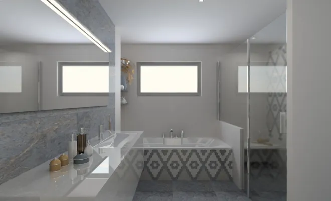 Carrelage imitation marbre bleu ajoute une dimension apaisante et luxueuse, parfaitement harmonisée avec la mosaïque qui apporte une touche artistique et sophistiquée, créant un point focal unique dans la salle de bain. FG Studio